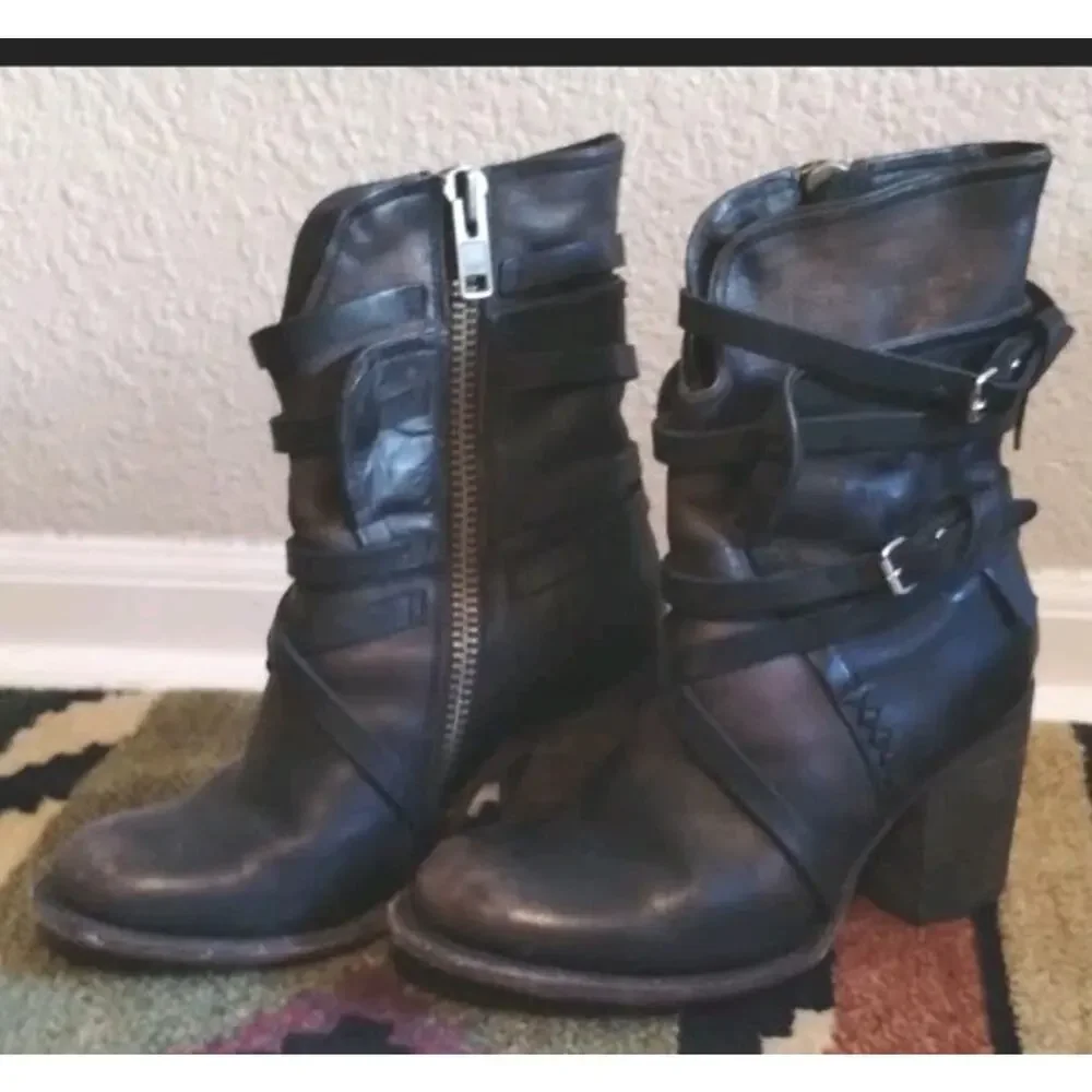 Freebird By Steven Baker Leather Strappy Brown Black Distressed Boots US7